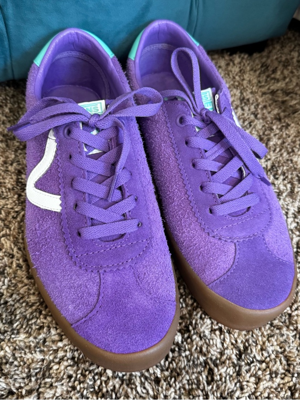 Vans Purple Suede Sneakers with White Side V and Teal Heel Tab - Picture 2 of 5